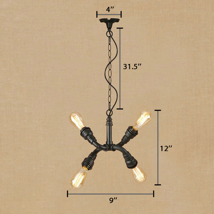 Industrial Iron Chandelier Pendant Light with Water Pipe - Stylish Bare Bulb Lamp (4-Light, Black)