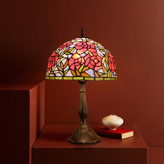 Tiffany Stained Art Glass Rose Pattern Night Lamp - Red/Orange Bowl Table Lighting For Bedroom Red
