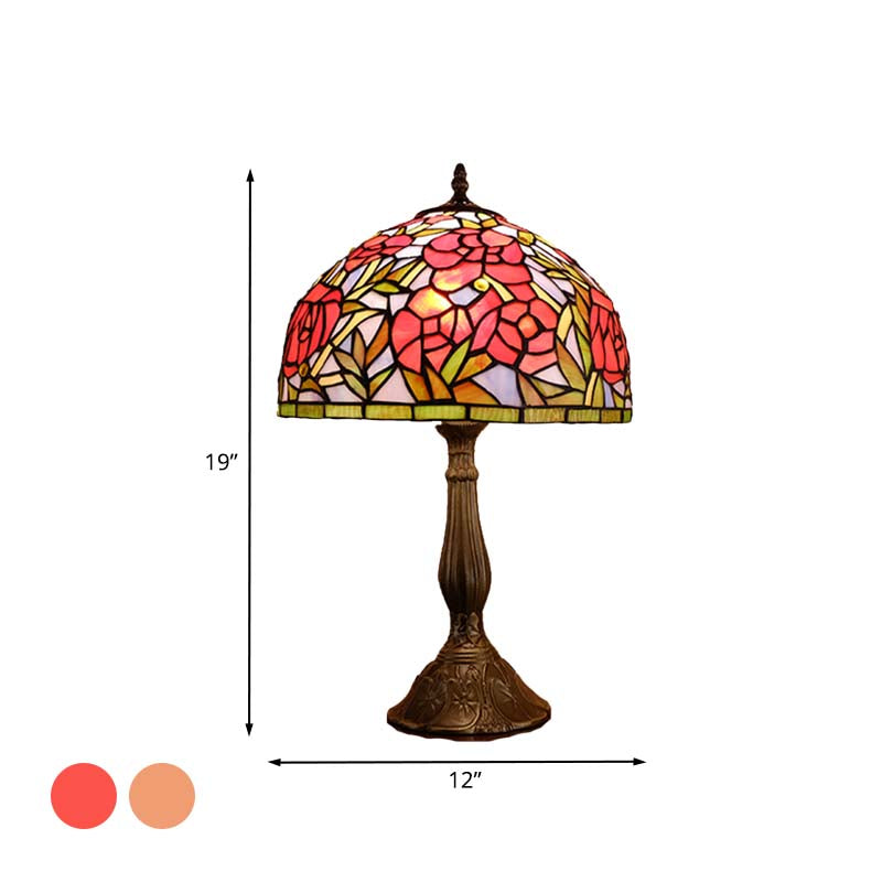 Tiffany Stained Art Glass Rose Pattern Night Lamp - Red/Orange Bowl Table Lighting For Bedroom