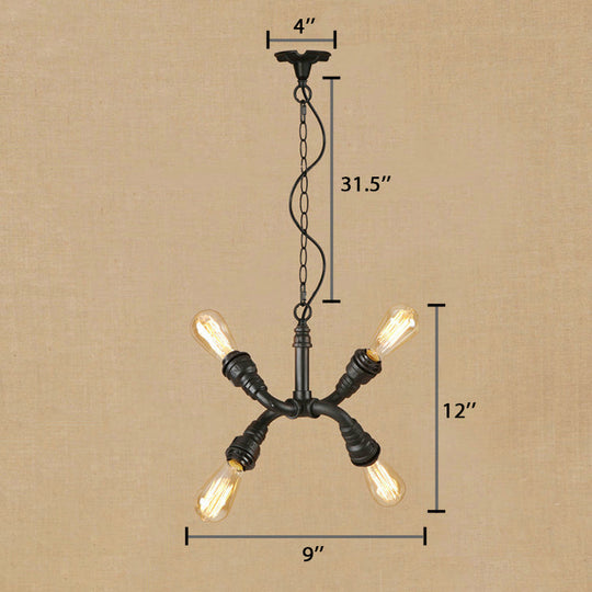 Industrial Stylish Bare Bulb Chandelier Pendant Light - 4-Light Iron Lamp With Water Pipe Design In
