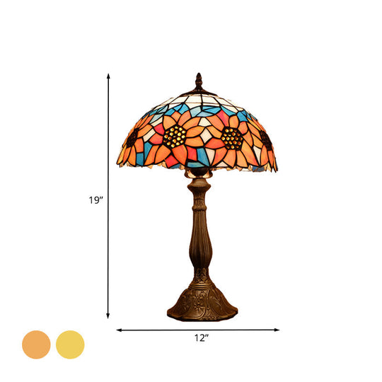 Arrakis - Baroque Baroque Bowl Shade Table Light 1-Bulb Hand Cut Glass Sunflower Patterned Nightstand Lighting in Yellow/Orange
