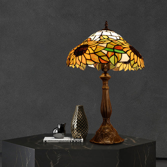 Hand Cut Glass Baroque Bowl Table Light With Sunflower Pattern - Yellow/Orange Nightstand Lighting