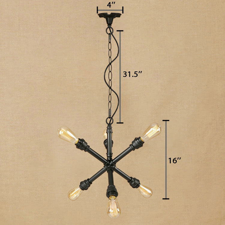 Industrial Sputnik Pendant Chandelier in Black with 6-Light & Water Pipe Detail