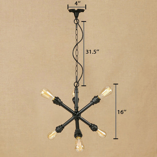 Industrial Sputnik Pendant Chandelier in Black with 6-Light & Water Pipe Detail