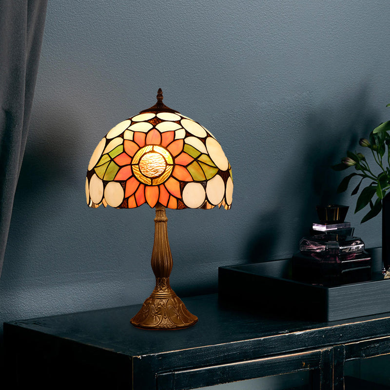 1-Head Bronze Mediterranean Nightstand Lamp With Hand-Cut Glass Shade And Sunflower Pattern