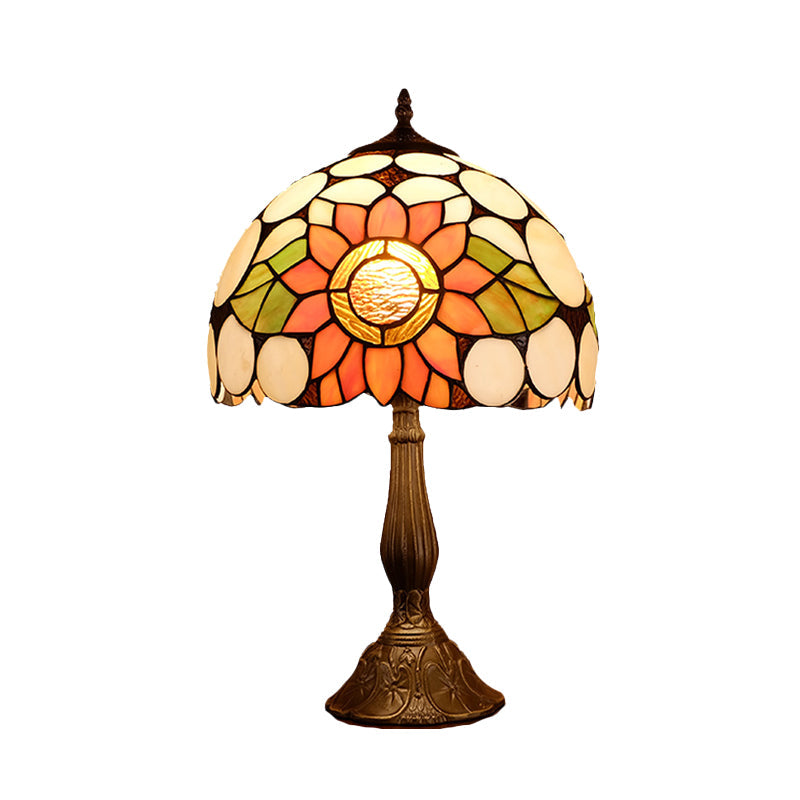 Nicole - Hand Cut Glass Domed Shade Nightstand Lamp, Bronze, Sunflower Pattern