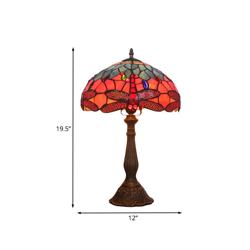 Dragonfly Patterned Tiffany Stained Glass Nightstand Light In Bronze