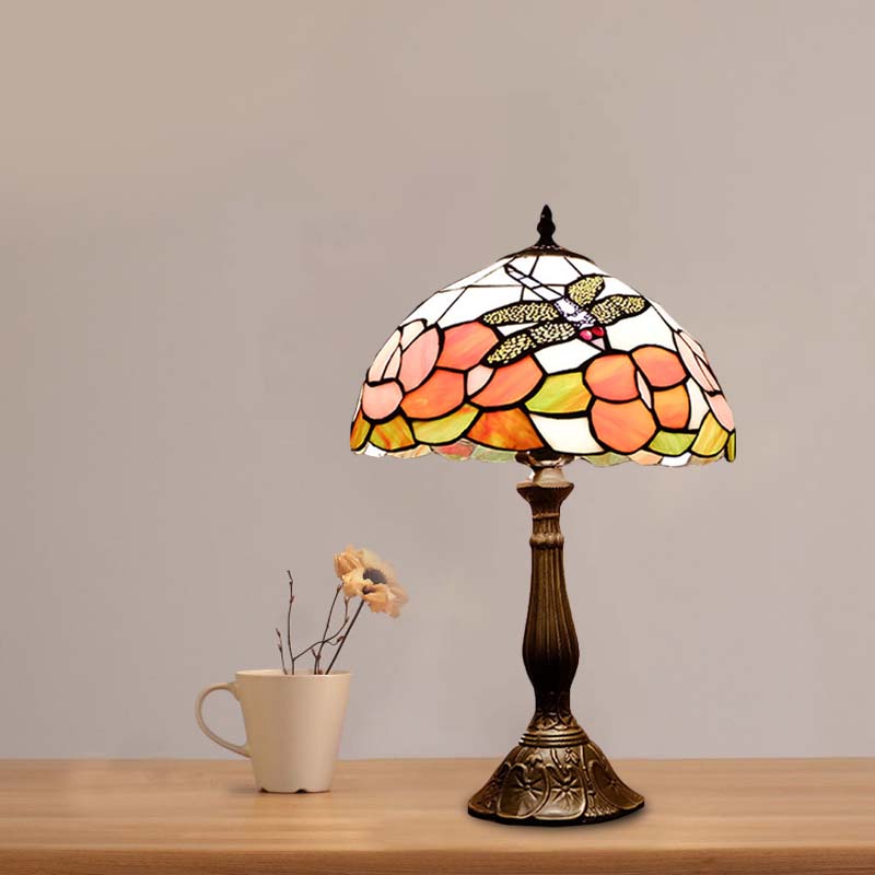 Bronze Tiffany Stained Art Glass Dome Table Night Light - Flower & Dragonfly Patterned 1-Light