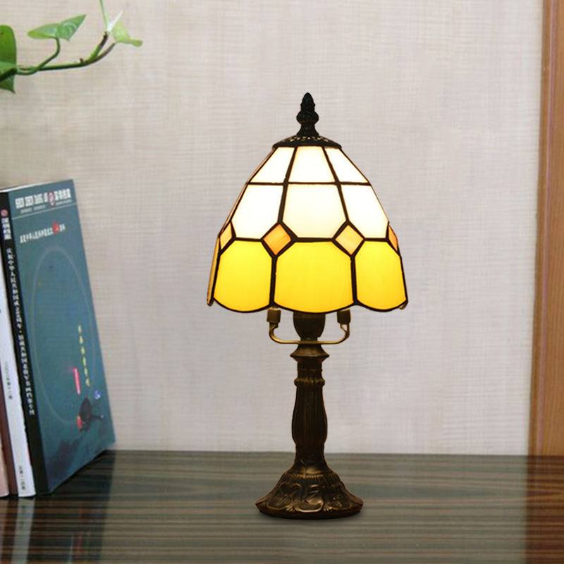 Stained Glass Dome Night Light - Artistic Mission Style Beige/Yellow/Orange Grid Pattern Ideal