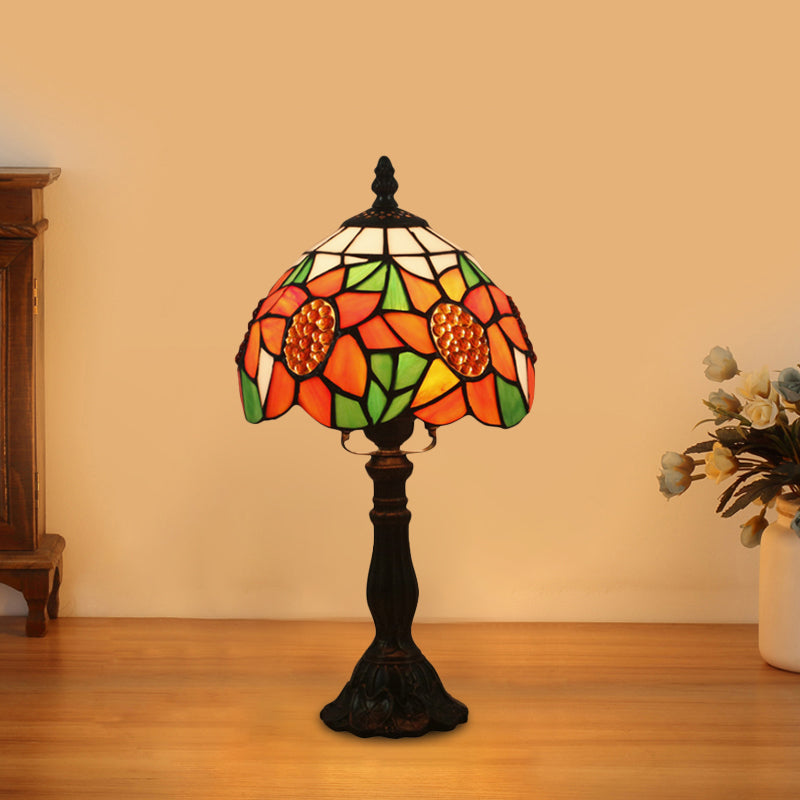 Mediterranean Bronze Sunflower Patterned Nightstand Light With Stained Glass Shade - 1 Bedroom Night
