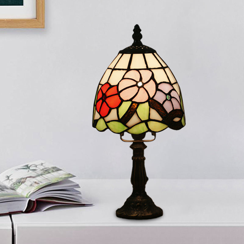 Dome-Shaped Baroque Style Nightstand Lamp - Stained Glass With Blossom Pattern In Red/Pink/Orange