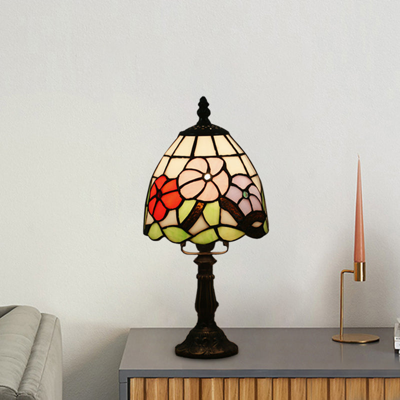 Dome-Shaped Baroque Style Nightstand Lamp - Stained Glass With Blossom Pattern In Red/Pink/Orange