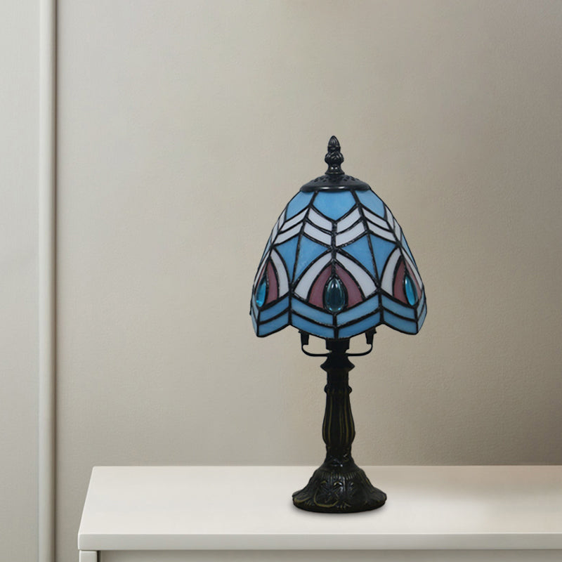 Mediterranean Beige/Pink Glass Bowl Night Lamp - Hand-Cut With Floral/Peacock Tail Patterns Table