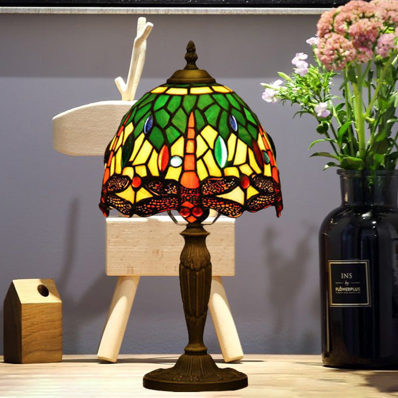 Mediterranean Dragonfly Patterned Desk Night Lamp - Colorful Cut Glass 1-Light Ideal For Coffee