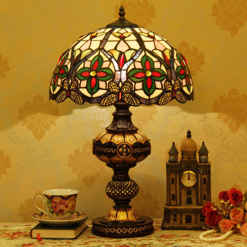 Art Glass Victorian Desk Lamp With Stained Beige/Orange Bowl Shade - Elegant Flower Night Table