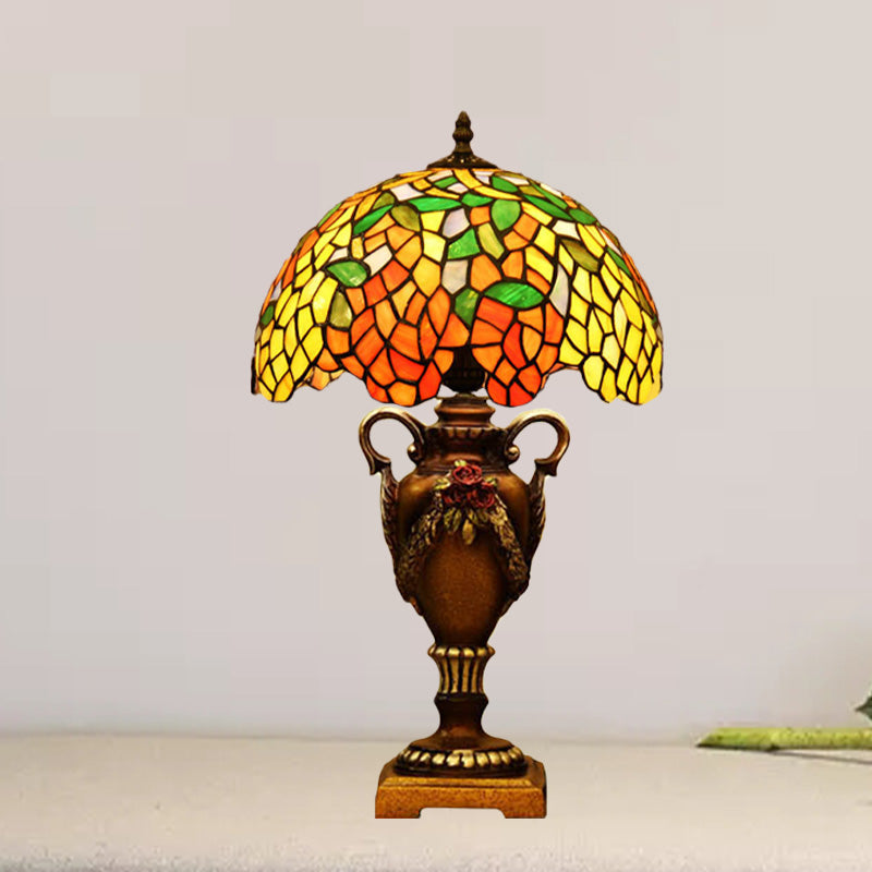 Baroque Wisteria Stained Glass Night Table Lamp With Bronze Trophy Base