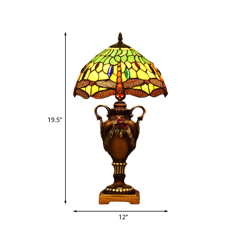 Victorian Stained Art Glass Desk Lamp - 1 Head Dragonfly Pattern Night Table Light In Blue/Green