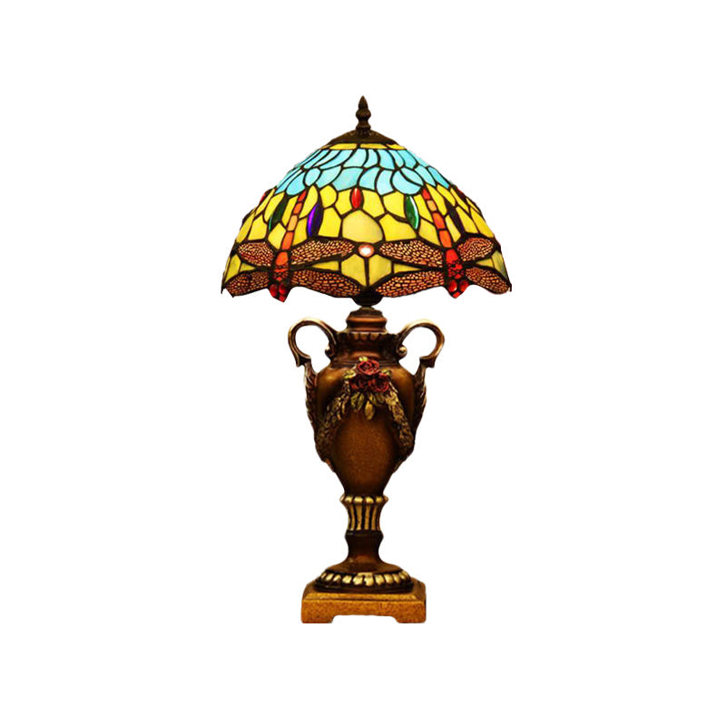 Victorian Stained Art Glass Desk Lamp - 1 Head Dragonfly Pattern Night Table Light In Blue/Green