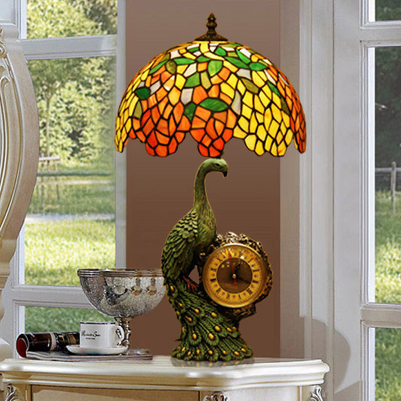 Tiffany Stained Glass Wisteria Table Lamp - Green 1 Head Peacock Clock Base Night Light