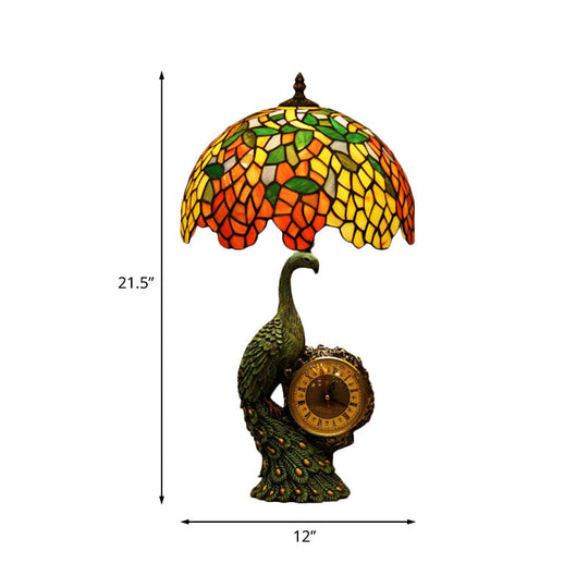 Olivia - Green Green 1 Head Night Light Tiffany Stained Glass Wisteria Table Lamp with Peacock and Clock Base