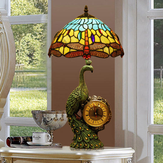 Monica - Dragonfly 1-Bulb Dragonfly Night Lamp Mediterranean Light Blue and Yellow Cut Glass Nightstand Light with Peacock and Clock Deco