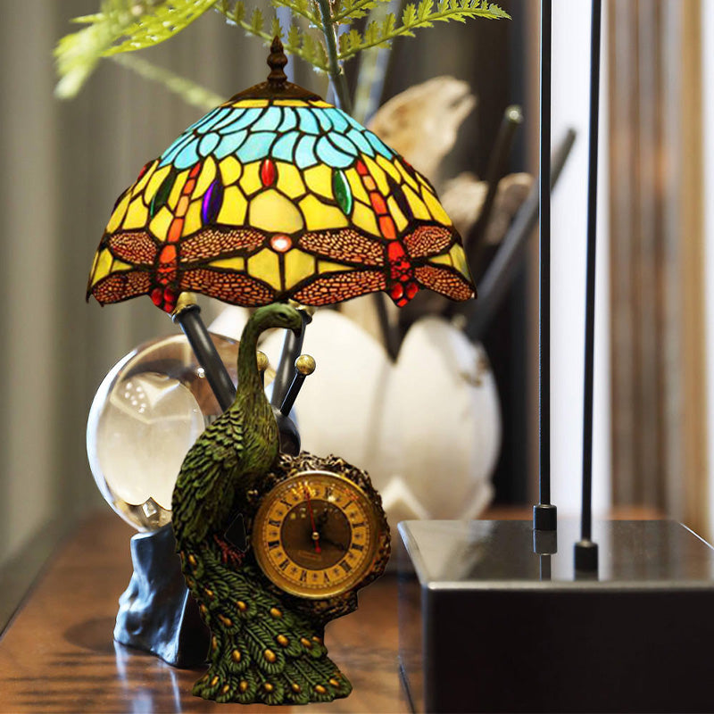 Dragonfly Night Lamp: Mediterranean Style In Light Blue And Yellow Cut Glass With Peacock Clock Deco