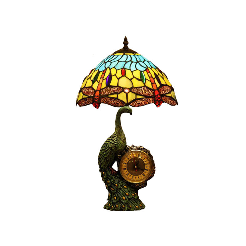 Monica - Dragonfly 1-Bulb Dragonfly Night Lamp Mediterranean Light Blue and Yellow Cut Glass Nightstand Light with Peacock and Clock Deco