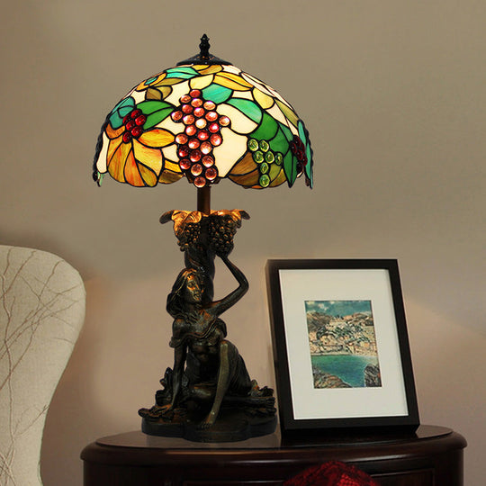 Victorian Stained Glass Nightstand Lamp - Green Grape Pattern With Dome Shade For Bedroom