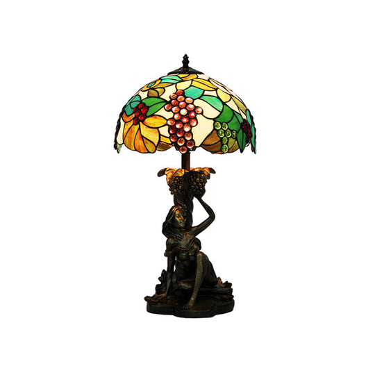 Roberta - Victorian Stained Glass Domed Nightstand Lamp Victorian 1 Light Green Grape Patterned Desk Lighting with Working Woman for Bedroom