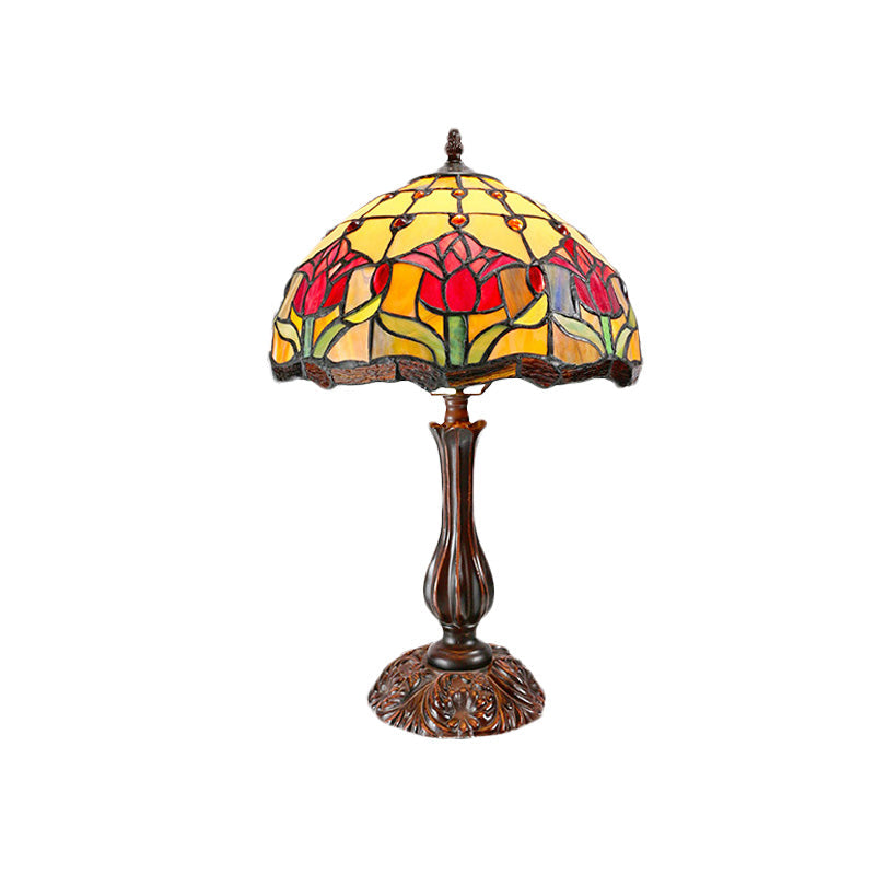 Eleonora - Tiffany Dome Shade Cut Glass Nightstand Light Tiffany 1 Light Bronze Night Table Lamp with Flower Pattern