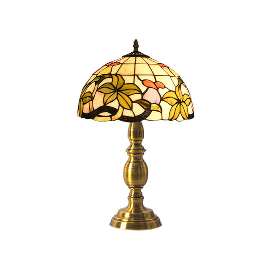 Stained Glass Tiffany Style Table Lamp: Domed Petal Pattern Night Light - Brushed Brass Finish