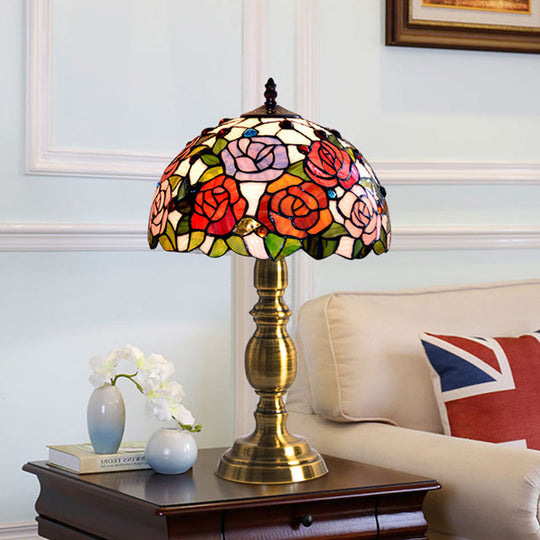 Victorian Rose Patterned Cut Glass Brass Table Lamp- Bowl Shaped Night Light Brushed