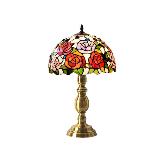 Martine - Victorian Cut Glass Brushed Brass Table Lighting Bowl Shaped 1 Head Victorian Rose Patterned Night Lamp