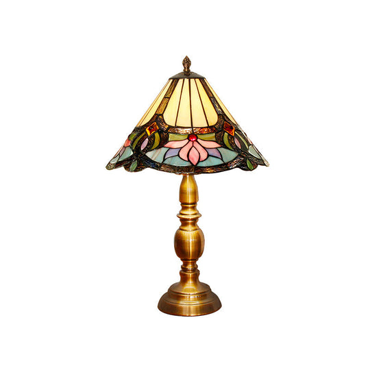 Hand-Cut Glass Lotus Patterned Table Light In Brushed Brass - Baroque Conical Design