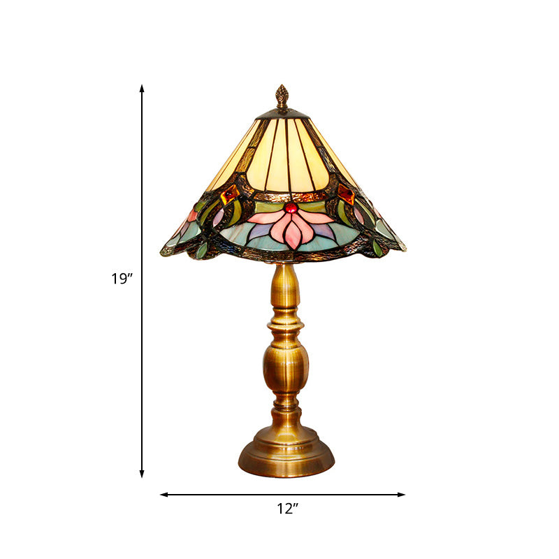 Hand-Cut Glass Lotus Patterned Table Light In Brushed Brass - Baroque Conical Design