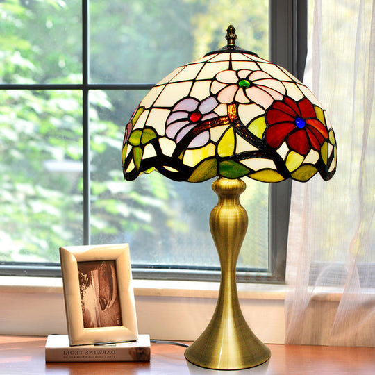 Gold Tiffany Bowl Night Table Lamp With Stained Art Glass & Blossom Pattern