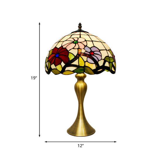 Gold Tiffany Bowl Night Table Lamp With Stained Art Glass & Blossom Pattern