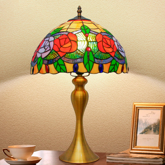 Gold Night Table Lamp: 1-Light Mediterranean Cut Glass Bowl Shape Desk Light With Rose Pattern