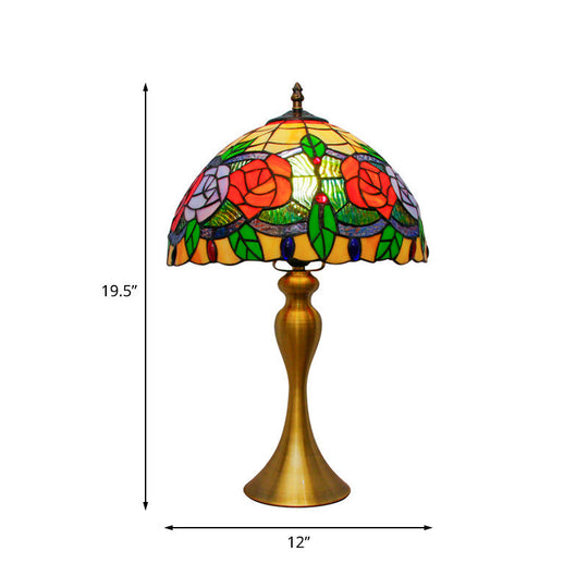 Gold Night Table Lamp: 1-Light Mediterranean Cut Glass Bowl Shape Desk Light With Rose Pattern