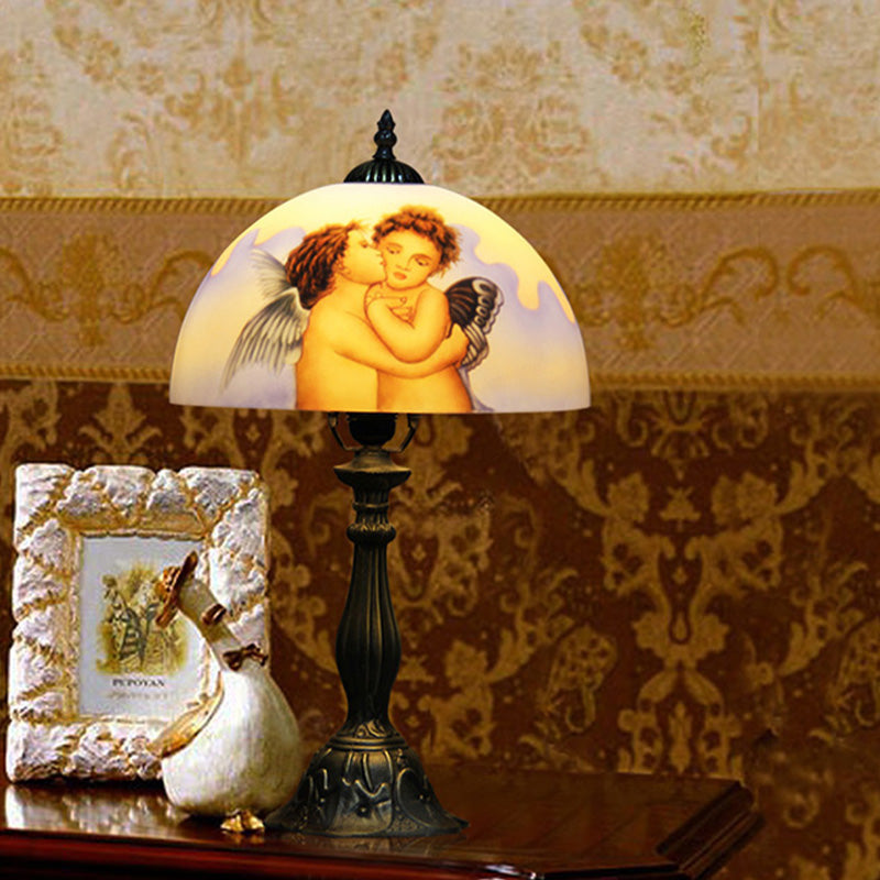 Sara - Stained Bowl Stained Glass Nightstand Lamp Victorian 1 Head Bronze Angel Patterned Desk Lamp