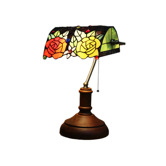 Baroque Rose Stained Glass Table Lamp: Elegant Night Lighting With Pull Chain - Dark Brown
