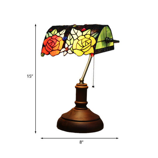 Baroque Rose Stained Glass Table Lamp: Elegant Night Lighting With Pull Chain - Dark Brown