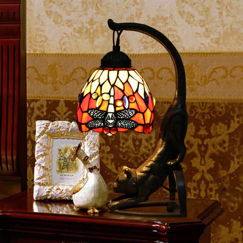 Tiffany Style Dragonfly Stained Glass Night Lamp With Cat-Shaped Base - Red/Green Table Lighting Red