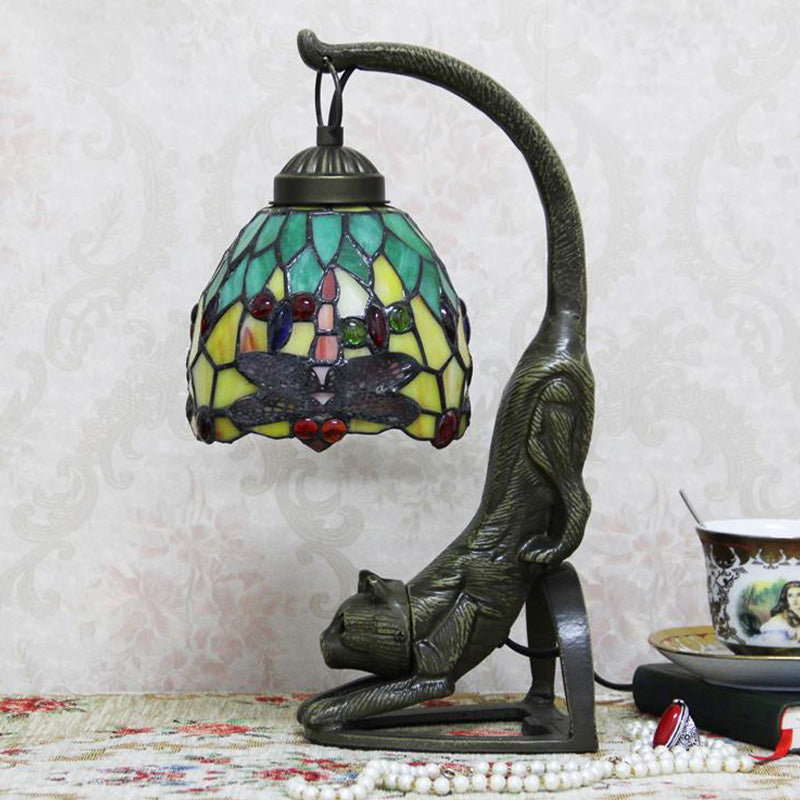 Tiffany Style Dragonfly Stained Glass Night Lamp With Cat-Shaped Base - Red/Green Table Lighting