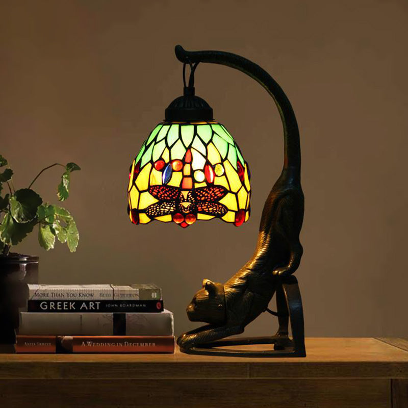 Tiffany Style Dragonfly Stained Glass Night Lamp With Cat-Shaped Base - Red/Green Table Lighting