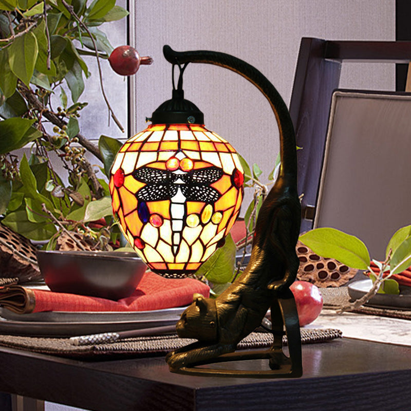 Baroque Style Dragonfly Desk Lamp With 1 Light - Red/Green Cat Table For Bedroom