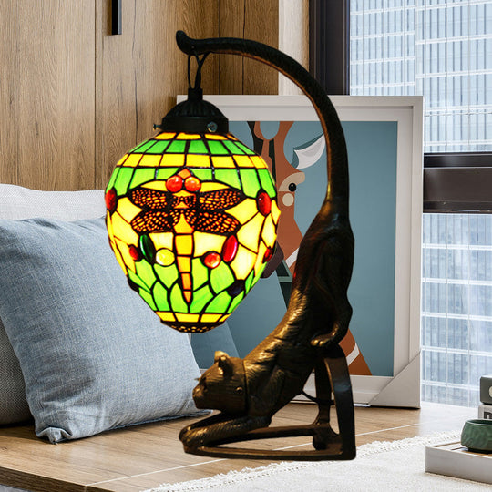 Baroque Style Dragonfly Desk Lamp With 1 Light - Red/Green Cat Table For Bedroom Green