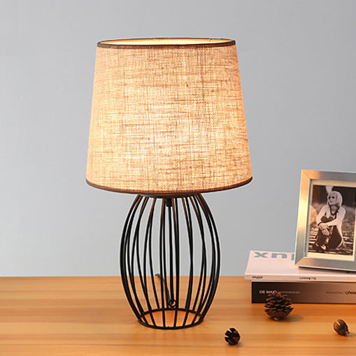 Loft Industrial Tapered Table Lamp - 1 Light Fabric With Oval Cage Base Beige Coffee Shop Lighting
