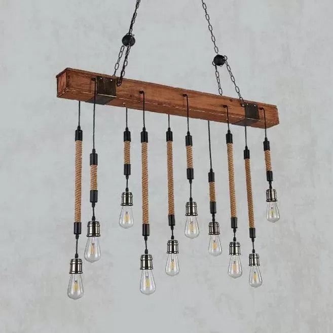 Rustic Island Light With Multiple Open Bulbs And Wooden Beam Beige