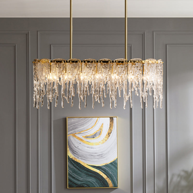 Gold Oval Island Pendant Lamp: Minimalist Design With Clear Crystal 7 Bulbs & Melting Ice-Inspired